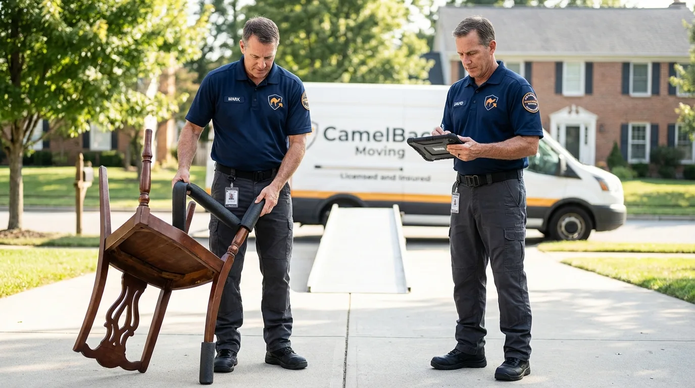 Movers inspecting furniture for damage prevention before loading in Glendora, CA