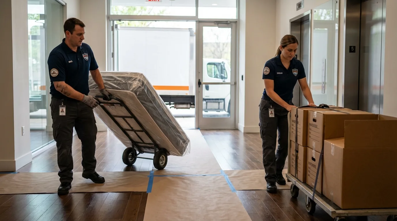Professional apartment movers loading elevator in Glendora, CA